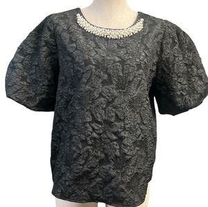 Hazel Haze Chic Floral Black Jacquard Blouse with Pearls & Dimonds